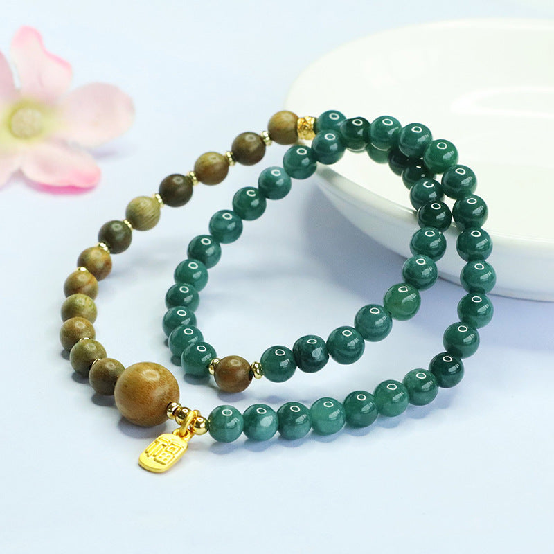 Blue Water Jadeite Green Sandalwood Style 2 Beaded Bracelet