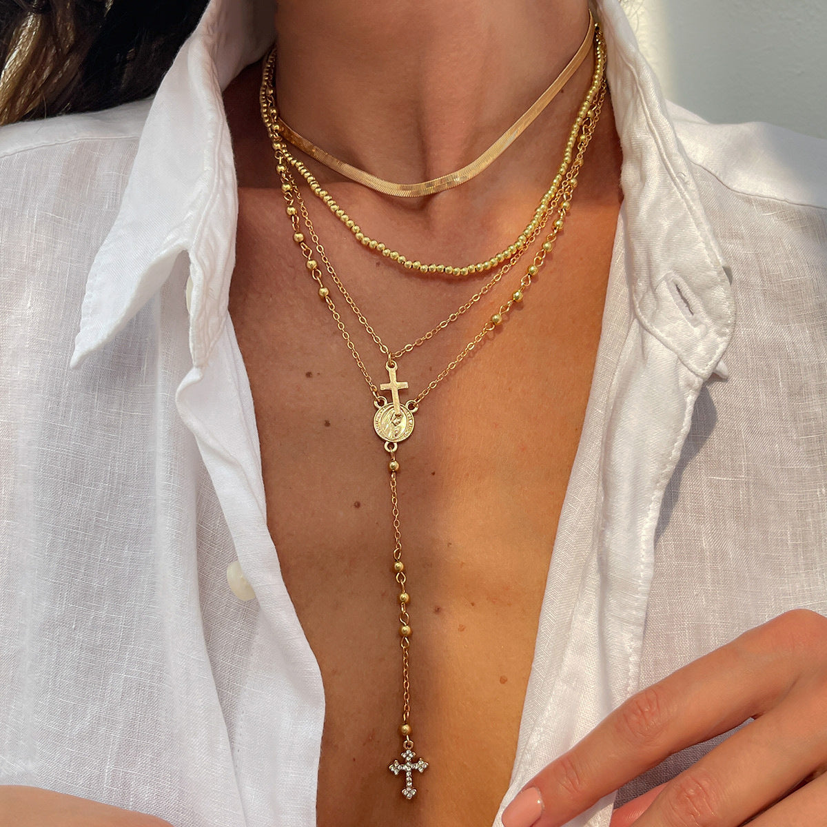 European and American cross-border personalized versatile zircon-encrusted cross pendant necklace, temperament stacked with cold ins long jewelry