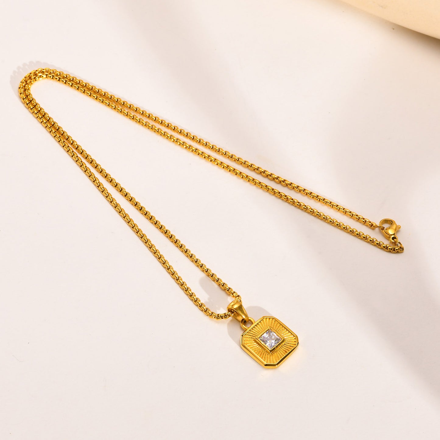 Stainless Steel Zircon Square Pendant Necklace Gold Women