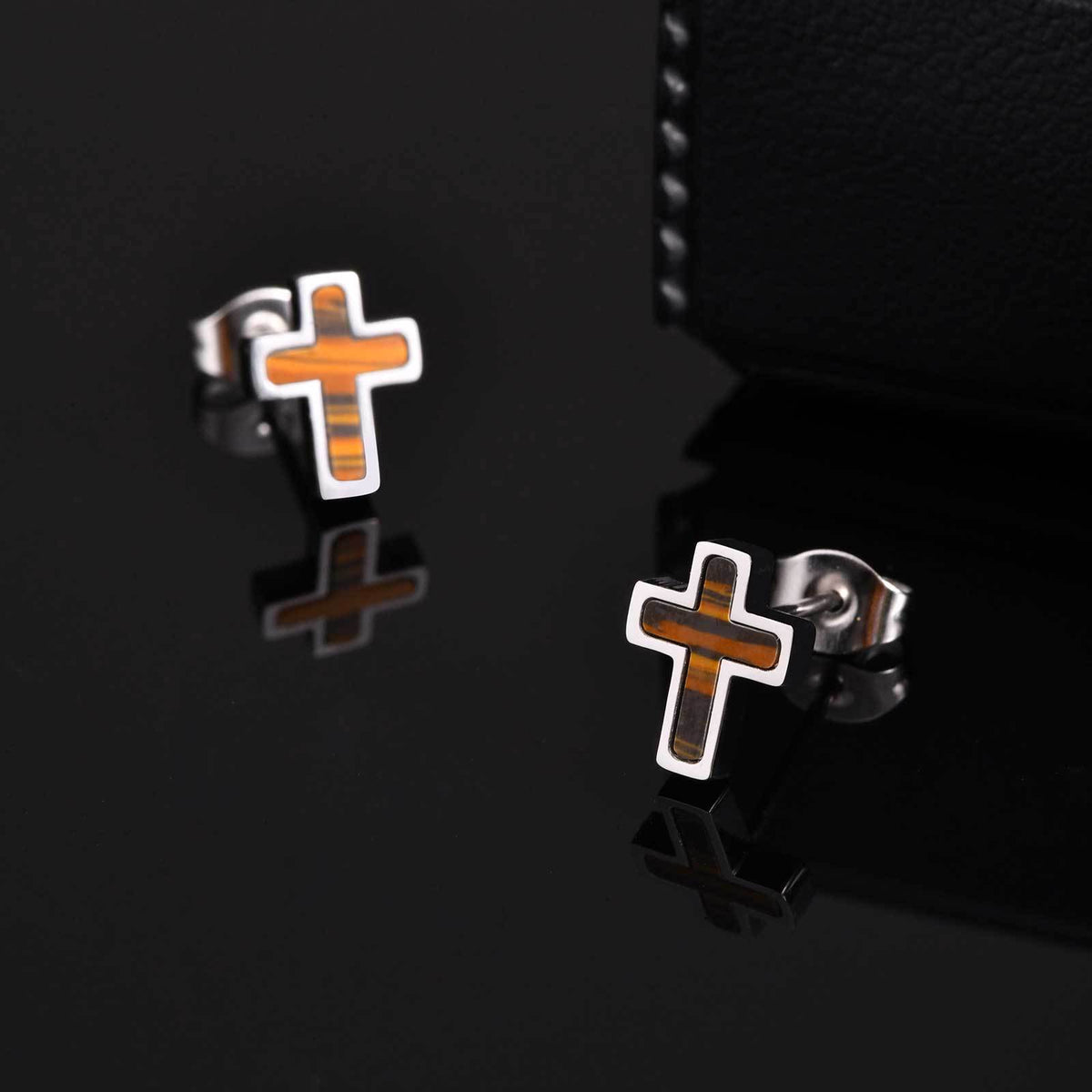 Stainless Steel Tiger's Eye Cross Earrings