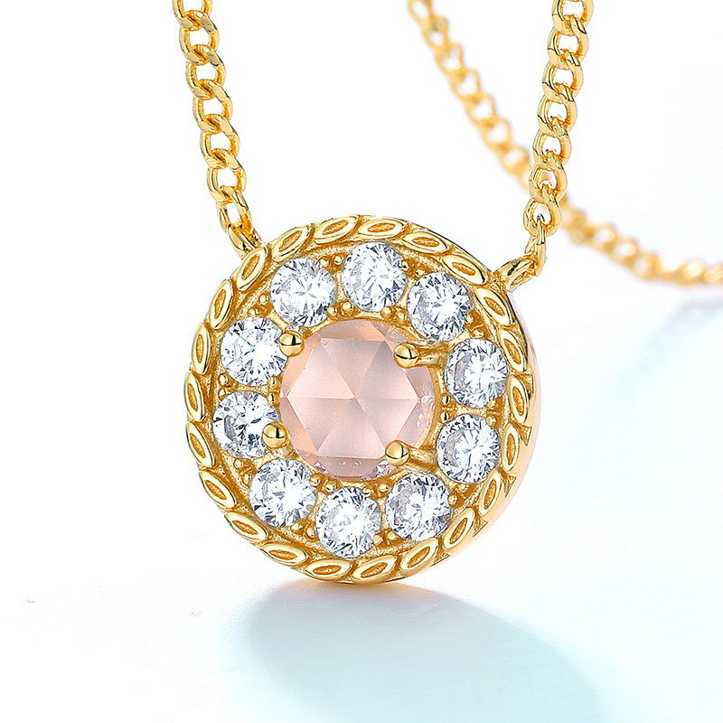 Halo Round Cut Pink Crystal Disc Pendant Necklace