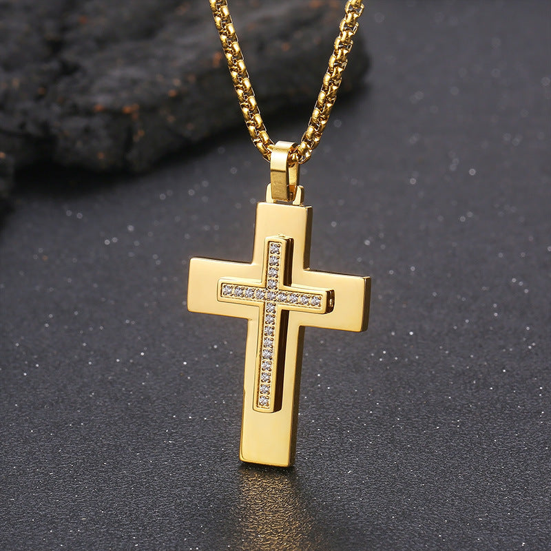 Popular, Cnc Zircon Double-Layer Cross Square Pearl Men's Stainless Steel Necklace