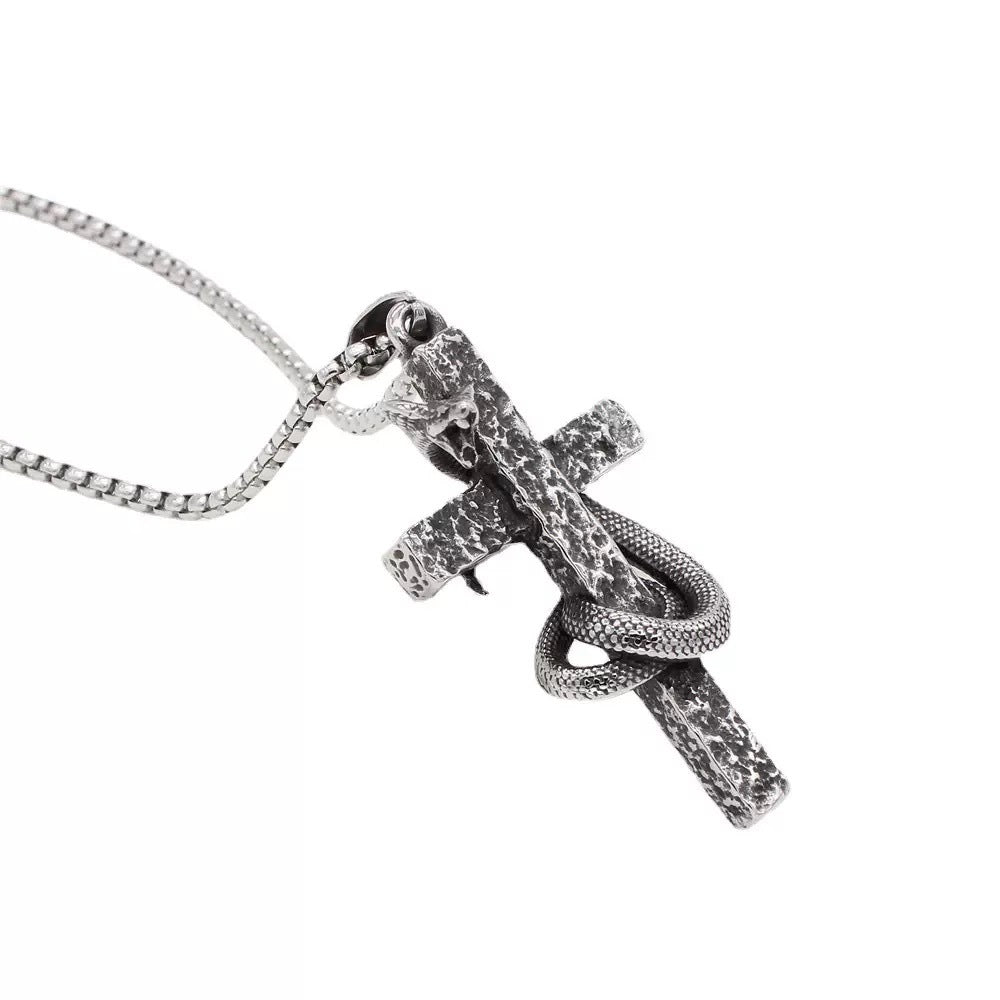 Planderful Everyday Genie Mens Punk Cross Snake Necklace Durable Titanium Steel Urban Pendant