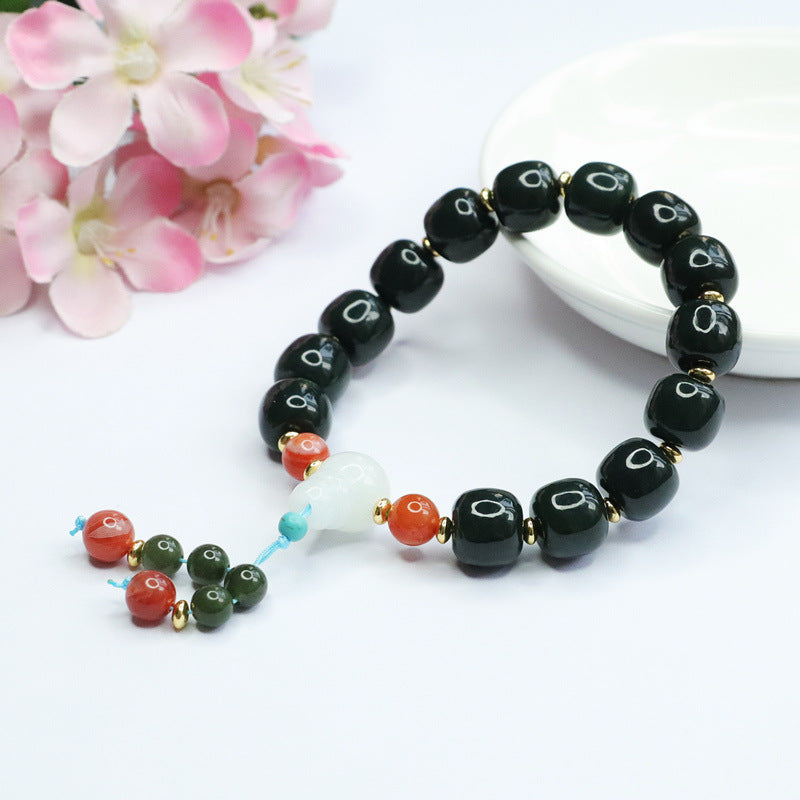 Dark Taqing Hetian Jade & White Agate Bracelet