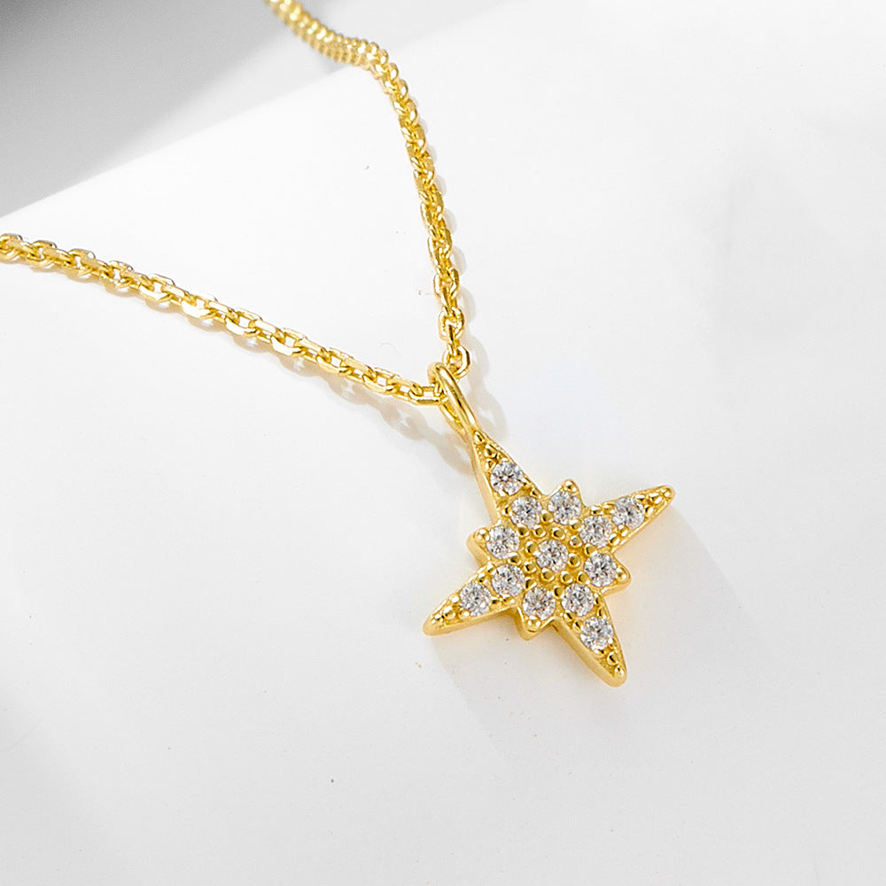 Full Zircon Octagram Sterling Silver Necklace Clavicle Chain Pendant