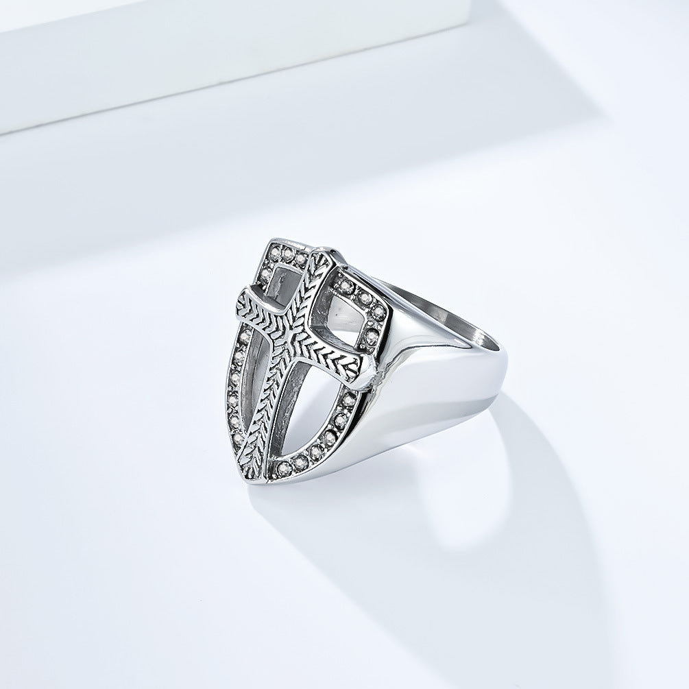 Planderful Shield Cross Ring For Men Zircon Set Retro Style Bold Fashion Everyday Genie Size Seven To Thirteen