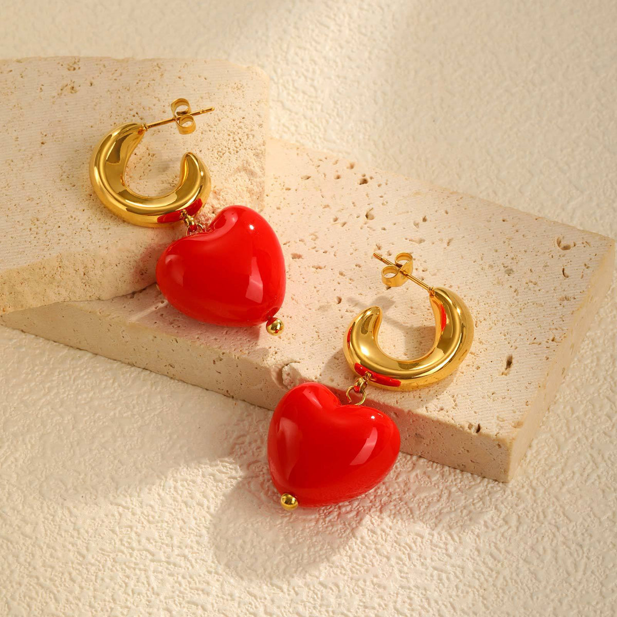 Red Heart Charm Gold-Tone Hoop Earrings