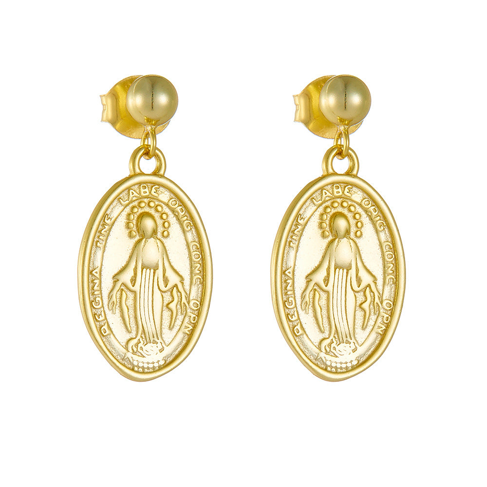 French Retro Oval Relief Stud Earrings Virgin Mary Relief Portrait Sterling Silver Earrings