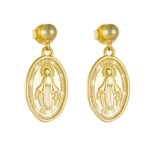 French Retro Oval Relief Stud Earrings Virgin Mary Relief Portrait Sterling Silver Earrings
