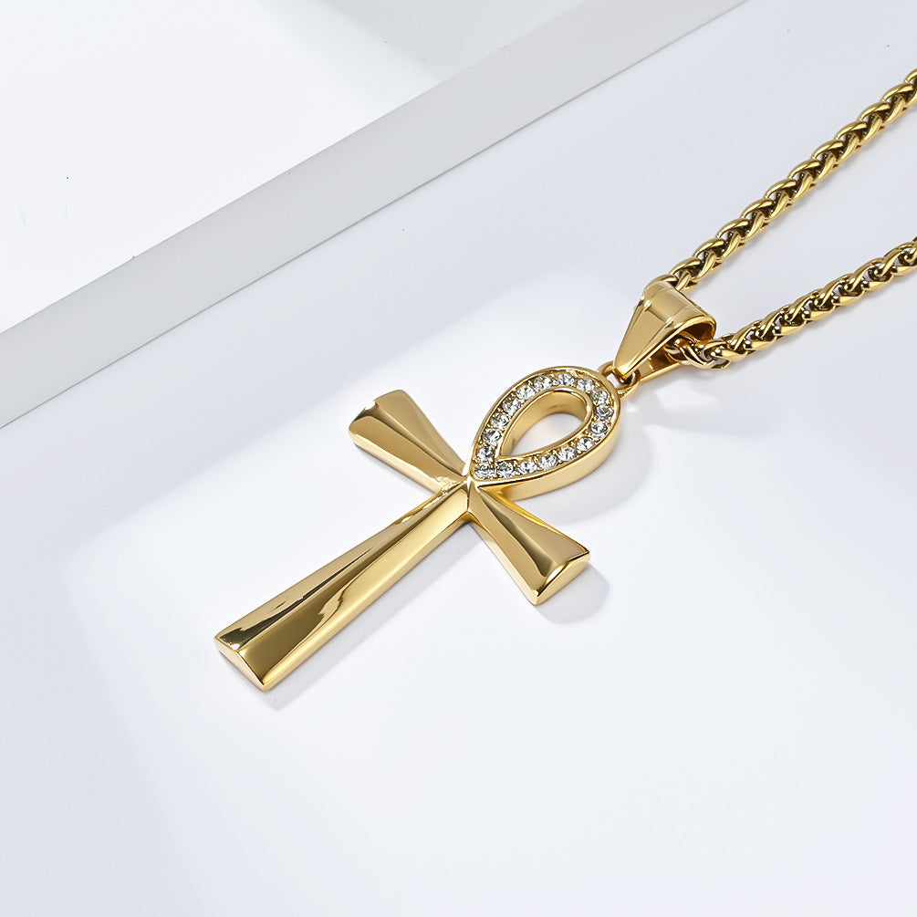 Planderful Ankh Zircon Cross Necklace For Men Titanium Steel Pendant With Inlaid Zircon Stones