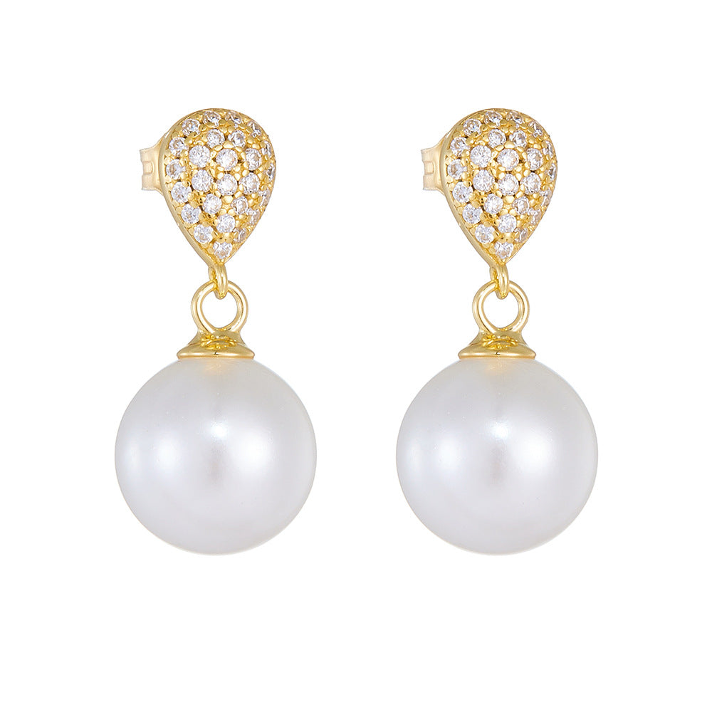 Round Pearl Pendant Zircon Water Droplet Sterling Silver Drop Earrings