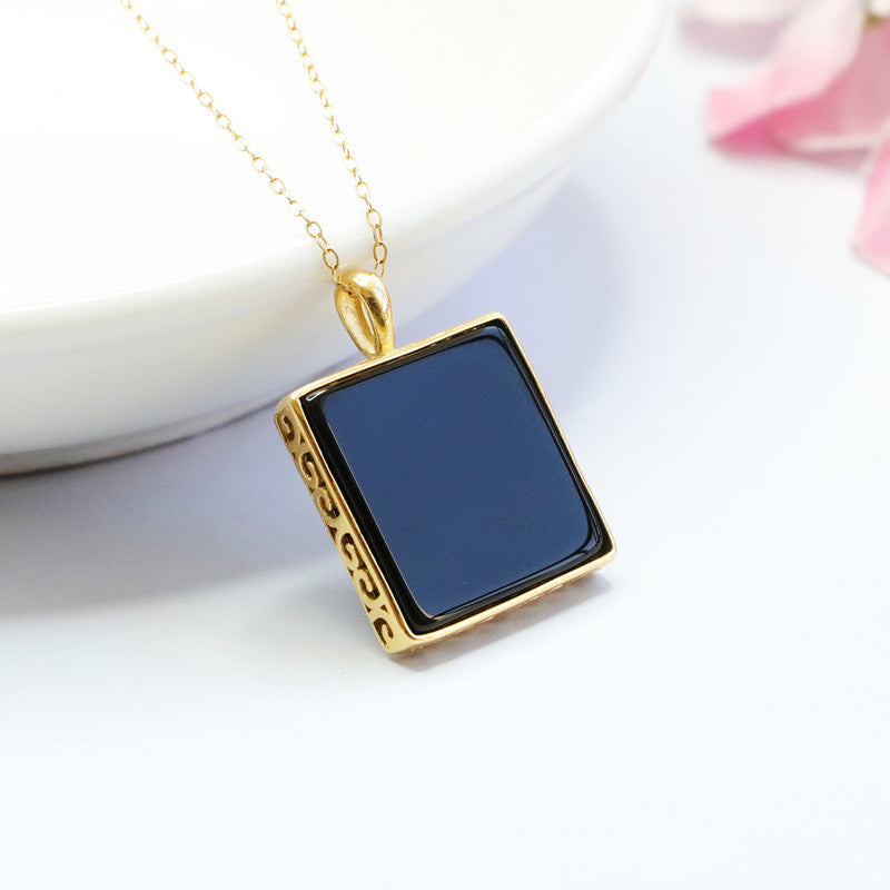 Black Agate Greek-Key Peace Plaque Pendant — No Chain