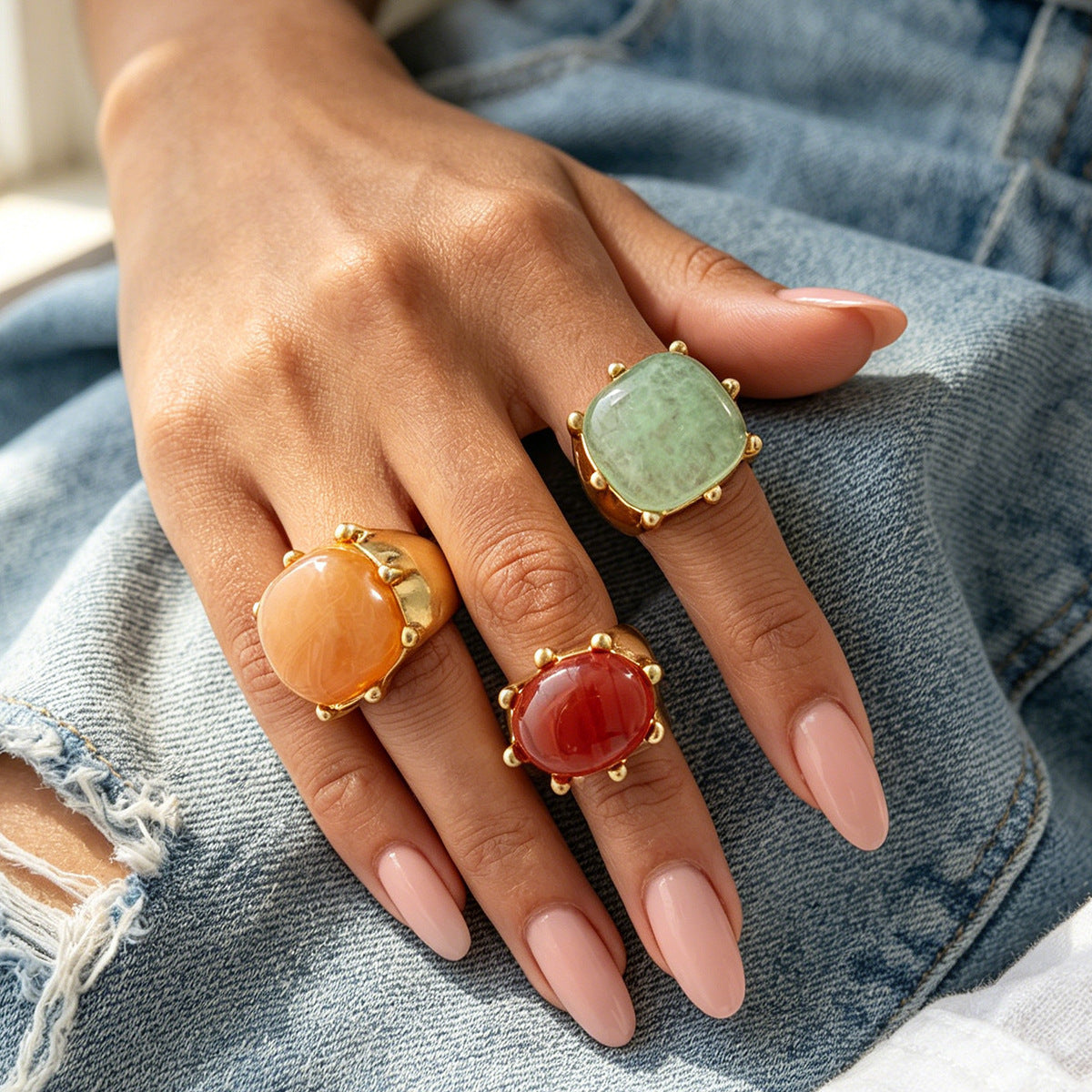Planderful Vienna Verve Retro Square Smudged Stone Ring Set For Modern Fashion Lovers Bold Statement Jewelry