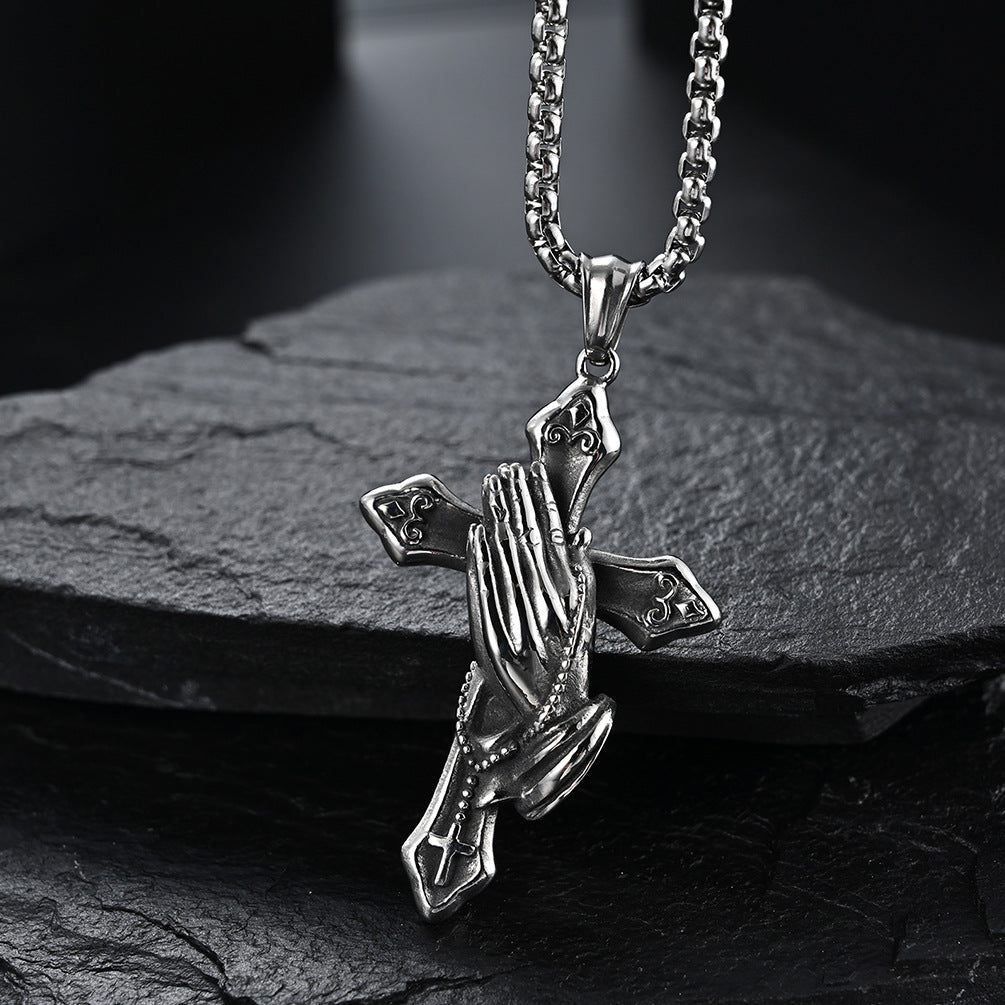 Planderful Retro Prayer Hand Cross Pendant Necklace Does Not Fade Titanium Steel Jewelry For Trendsetters