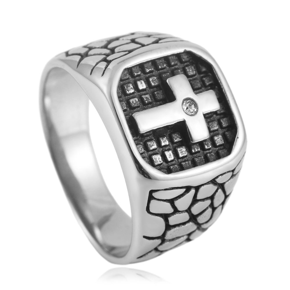 Trendy Retro Titanium Steel Men's Cross and Square Ring Collection