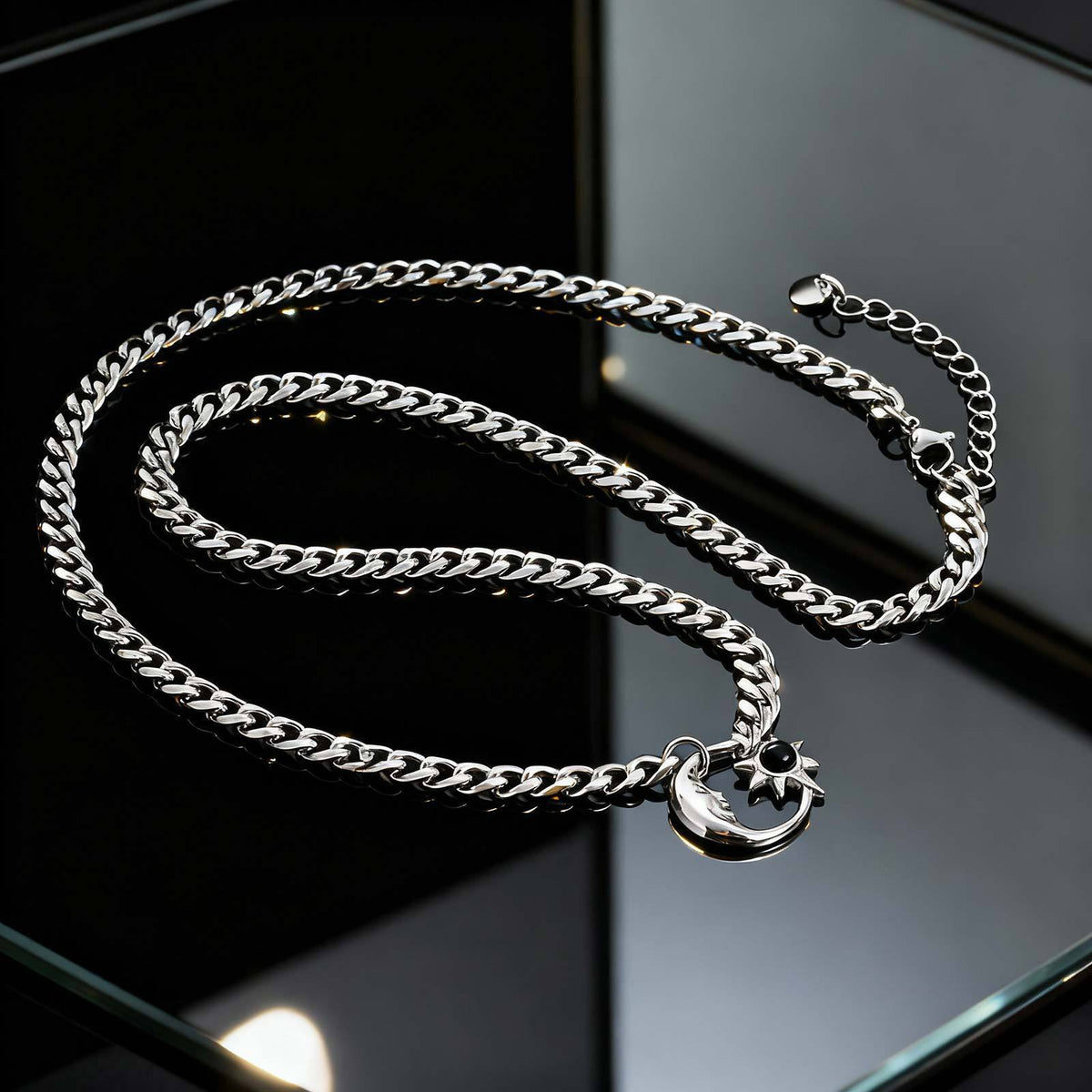 Stainless Steel Six-Sided Grinding Chain Star & Moon Necklace Sun Star Moon Opal