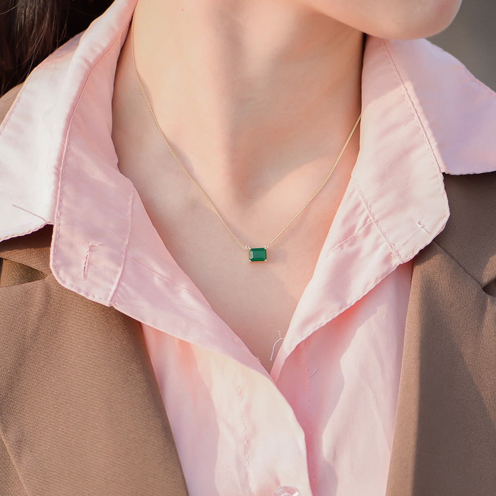 S925 Sterling Silver Square Emerald Colored Gemstone Necklace Sense Single Zircon Necklace