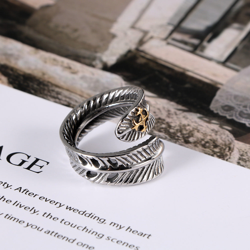 Vintage Titanium Steel Rings For Men Feather Electroplating