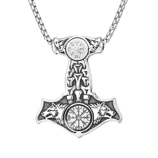 Viking-Inspired Stainless Steel Double Wolf Pendant with Thor's Hammer Compass Rune for Men
