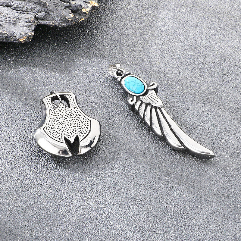 Axe Devil'S Eye Pendant, Ethnic Retro Turquoise Feather Pendant, Stainless Steel Men's Necklace
