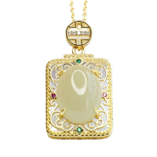 Jade Hollow Square Pendant in Palace Style with Natural Oval Hetian Jade