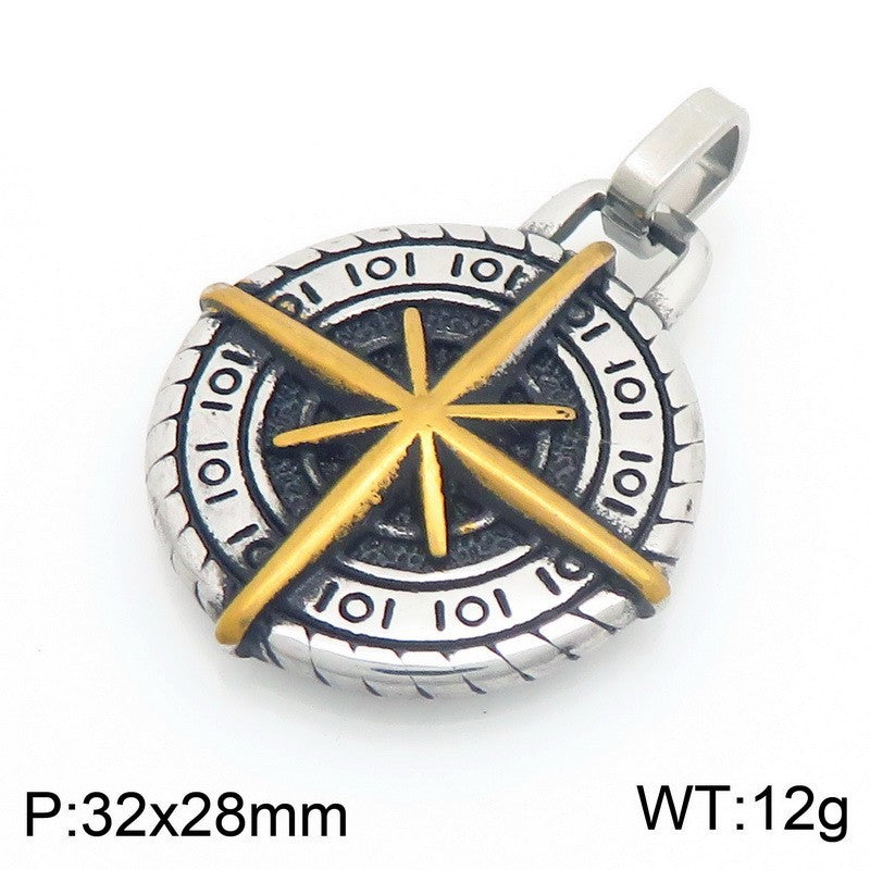 Compass Round, Punk Style Retro Coin Compass Stainless Steel Men's Pendant Necklace