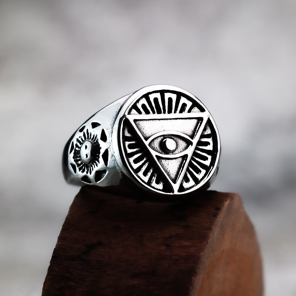 Planderful Masonic Ring For Men Premium Polished Titanium Steel With Eye Of God Sun Ray Motif