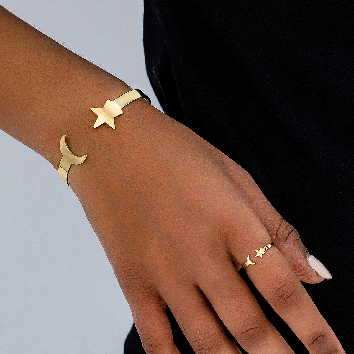 Stylish Metal Star Moon Bracelet and Ring Set for Women