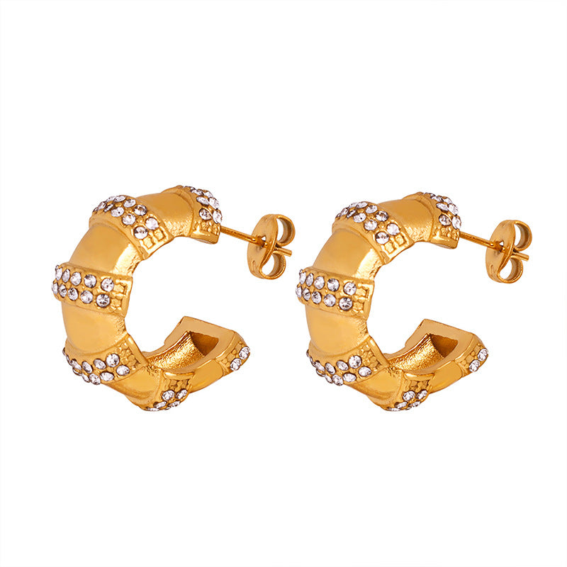 European Inspired Titanium Steel C-shaped Rhinestone Earrings for Casual Chic