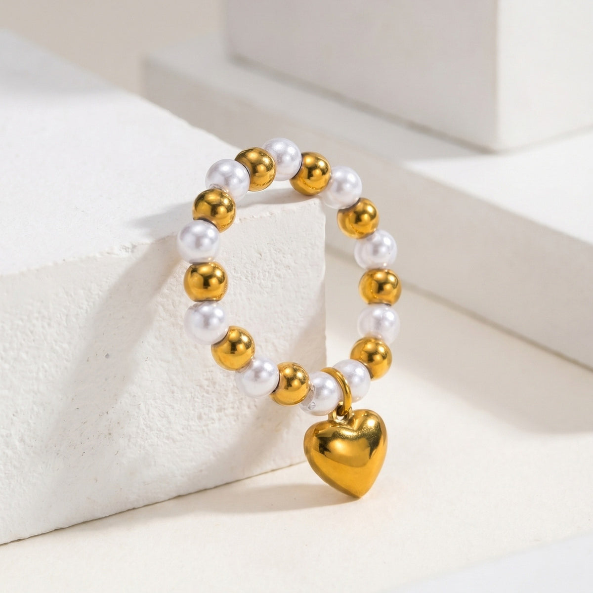 Stainless Steel Daily High-Gloss Heart-Shaped Imitation Pearl Steel Ball Ring Women's