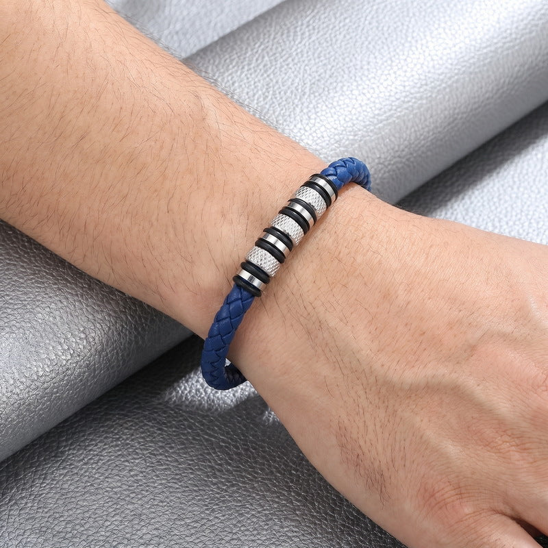 Rhombus Knurled Titanium Steel Ball Woven Microfiber Leather Magnetic Buckle Leather Bracelet