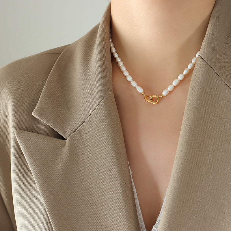 Elegant French Pearl Necklace with Titanium Steel Gold-Plated Double Loop Buckle