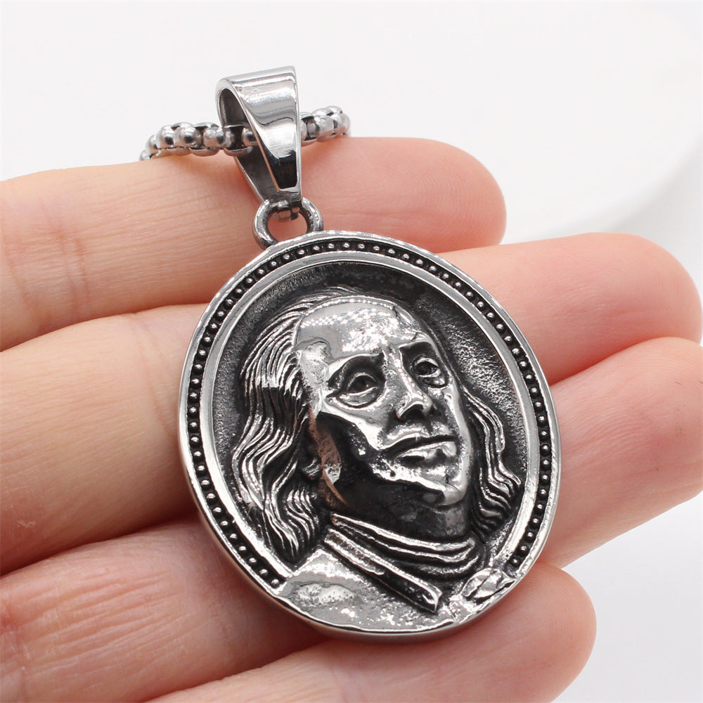 Planderful Everyday Genie – European and American Retro Franklin Men's Titanium Steel Pendant Necklace for Men