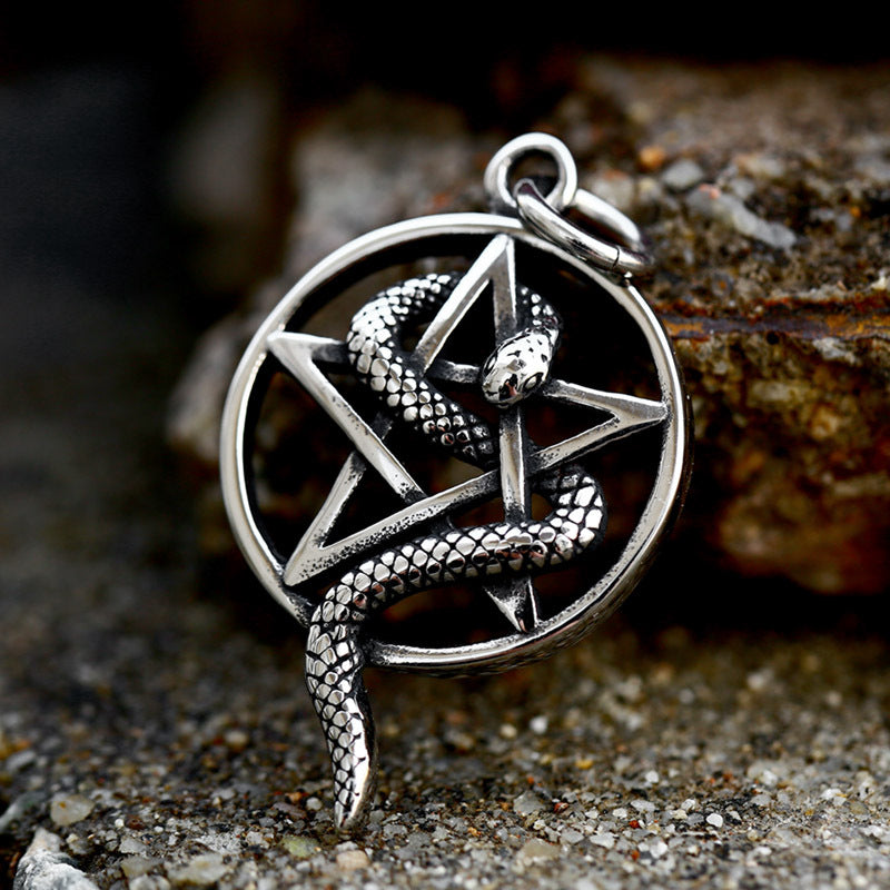 Wholesale Retro European and American Stainless Steel Pendant for Men - Personalized Five-Pointed Star and Coiled Snake Design in Titanium Steel