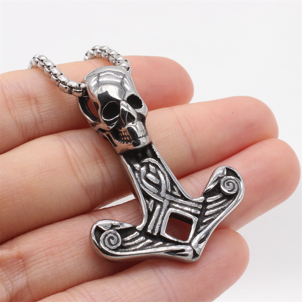 Titanium Steel Viking Skull Pendant - Nordic Mythology Inspired Retro Jewelry for Men