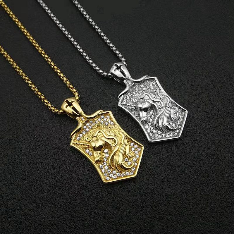Planderful Everyday Genie Hip Hop Jewelry Pendant Titanium Steel Gold Plated Zircon Horse Head Unicorn Necklace For Men