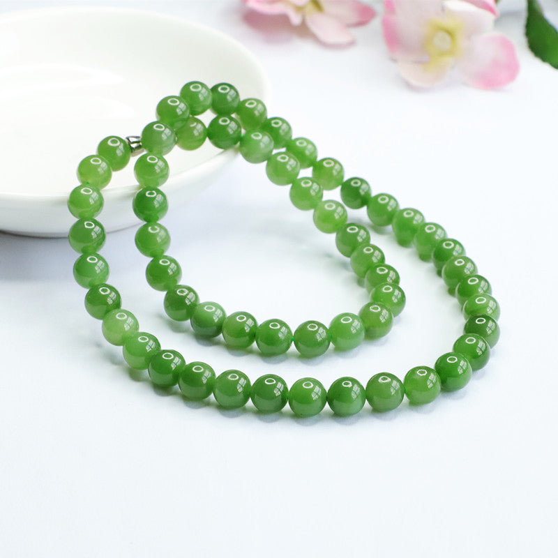 Natural Hotan Jade Necklace Jasper Apple Green Bead String Jewelry