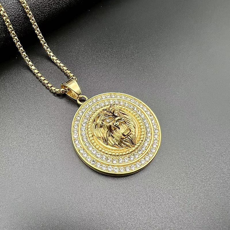 Rhinestone Necklace - Luxury Lion Head Pendant, Gold-Plated Stainless Steel, Planderful Hip Hop Jewelry