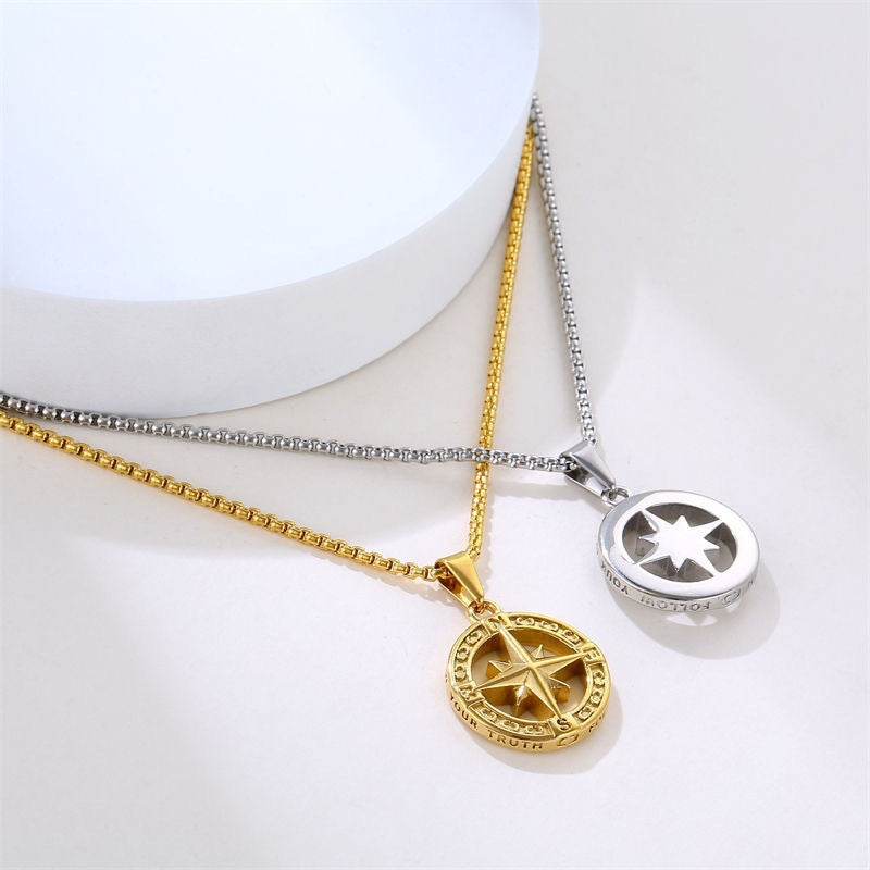 Planderful Geometric Round Compass Pendant Necklace For Men Titanium Steel Durable Everyday Wear