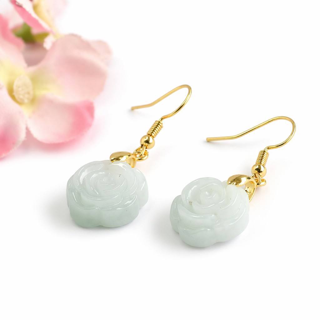 Jadeite Rose Flower Hook Earrings