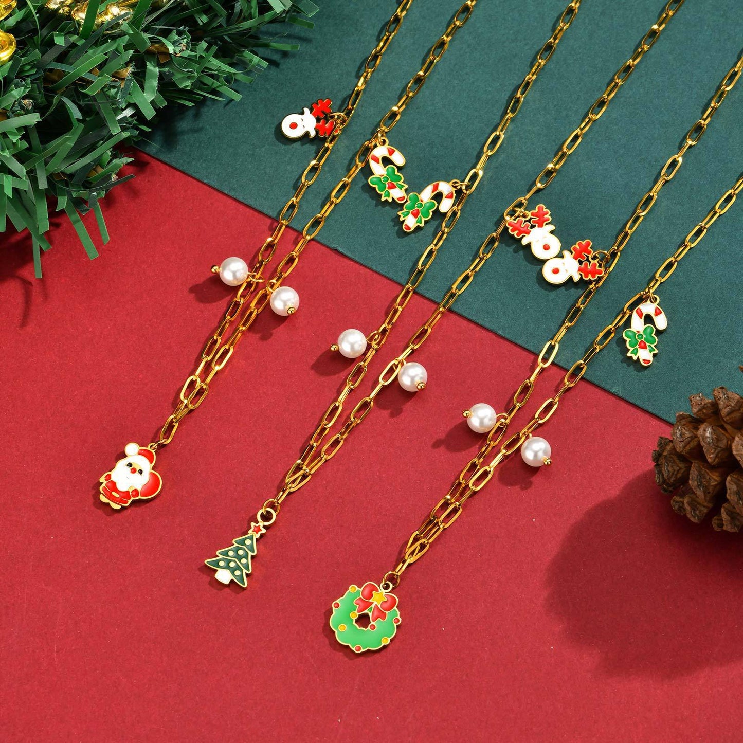 Stainless Steel Christmas Tree Cream Christmas Decorative Necklace
