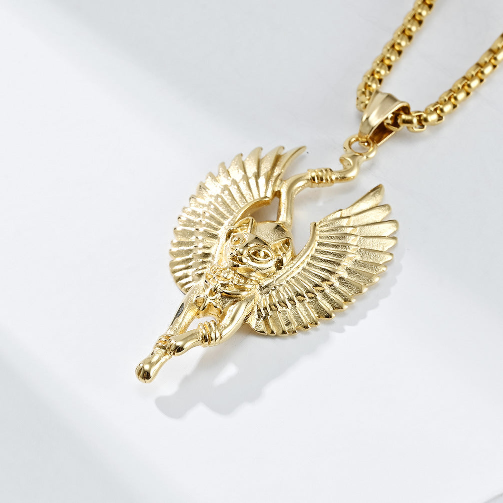 Amazon Ancient Egyptian Cat God Titanium Steel Necklace for Men