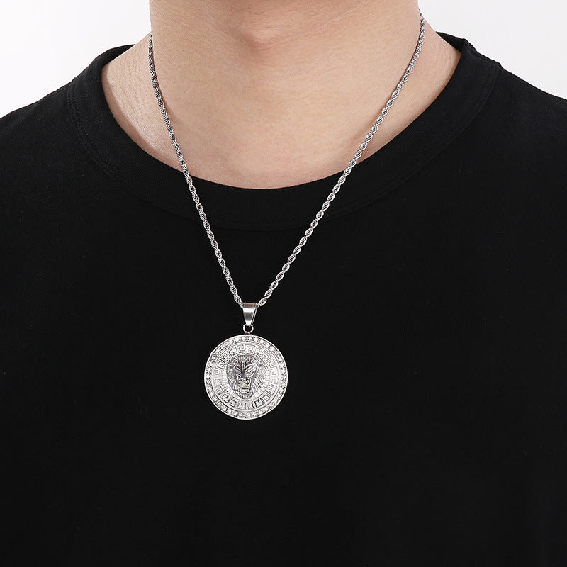 Planderful Zircon Lion Head Pendant Men Hip Hop Compass