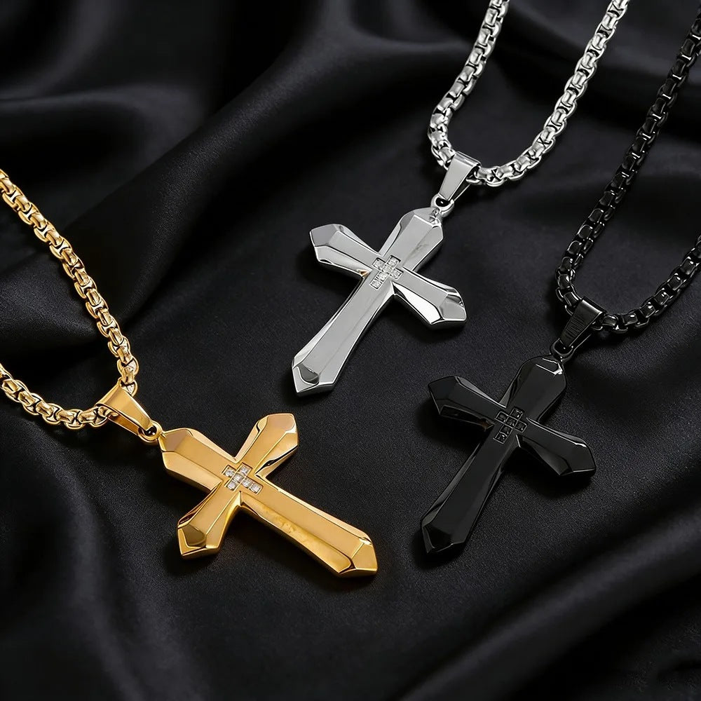 1. Planderful Stainless Steel Zircon Inlaid Cross Pendant For Men Hip Hop Necklace Gift