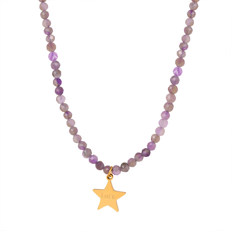 Golden Star Pendant Necklace with Tianhe Stone Beads - Handcrafted Titanium Steel Jewelry