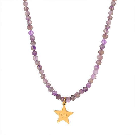 Golden Star Pendant Necklace with Tianhe Stone Beads - Handcrafted Titanium Steel Jewelry