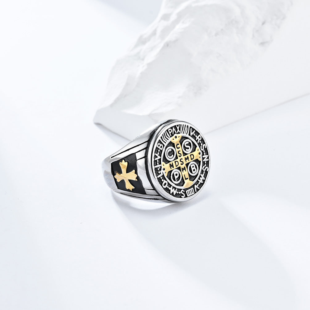 European And American Retro Style St. Benedict Exorcist Cross Ring For Men