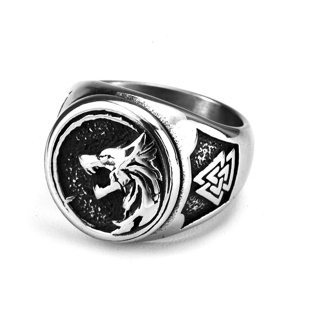 European and American Jewelry Wholesale Men's Titanium Steel Ring Retro Viking Wolf Head Logo Ring
