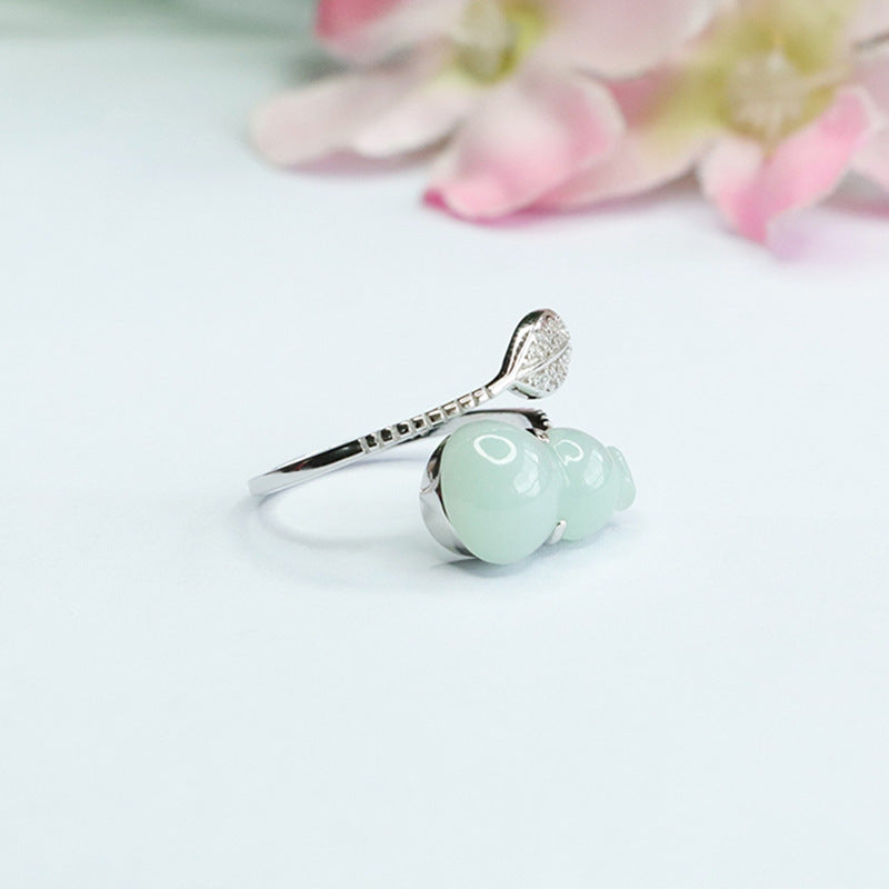 Elegant Sterling Silver Gourd and Leaf Jade Ring