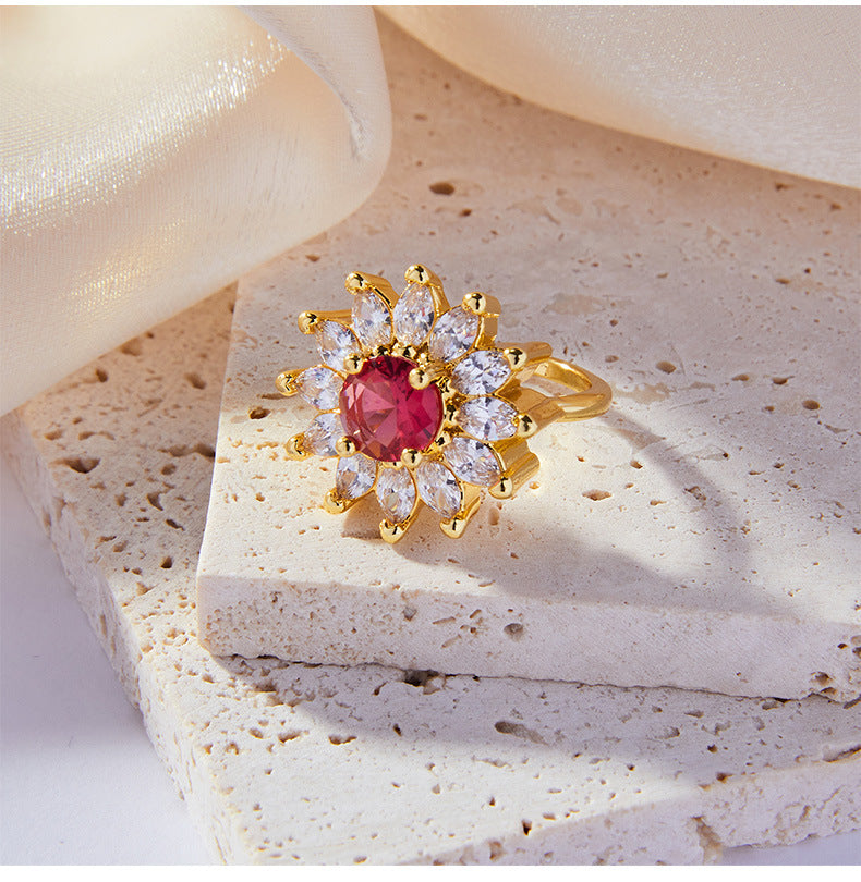 Korean Geometric Flower Zircon Copper Open Ring